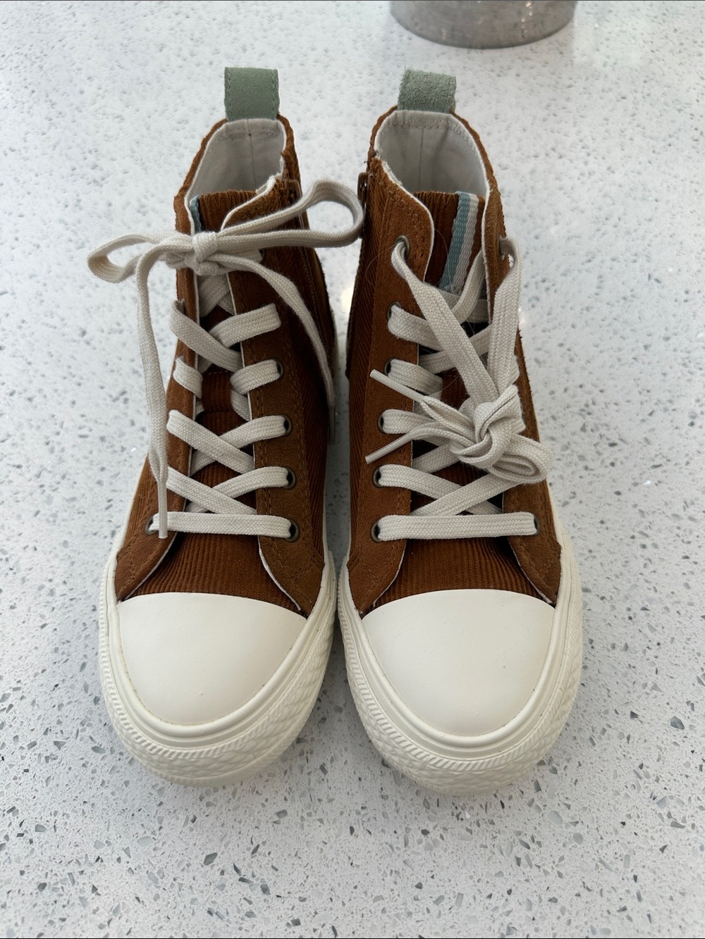 Mini Boden Brown Corduroy High-Tops with Cream Accents and Light Green Pull Tab